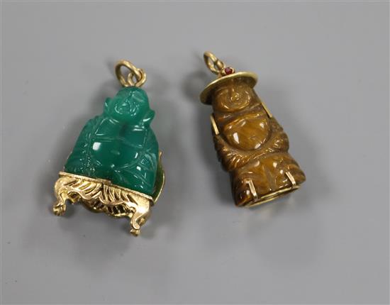 A 9ct gold and chrysophase buddha pendant and a Chinese yellow metal and quartz figural pendant.